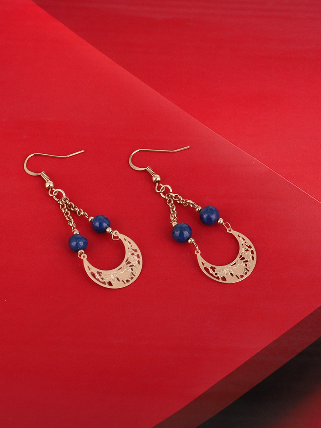 

Carlton London Blue Gold-Plated Beaded Crescent-Shaped Drop Earrings