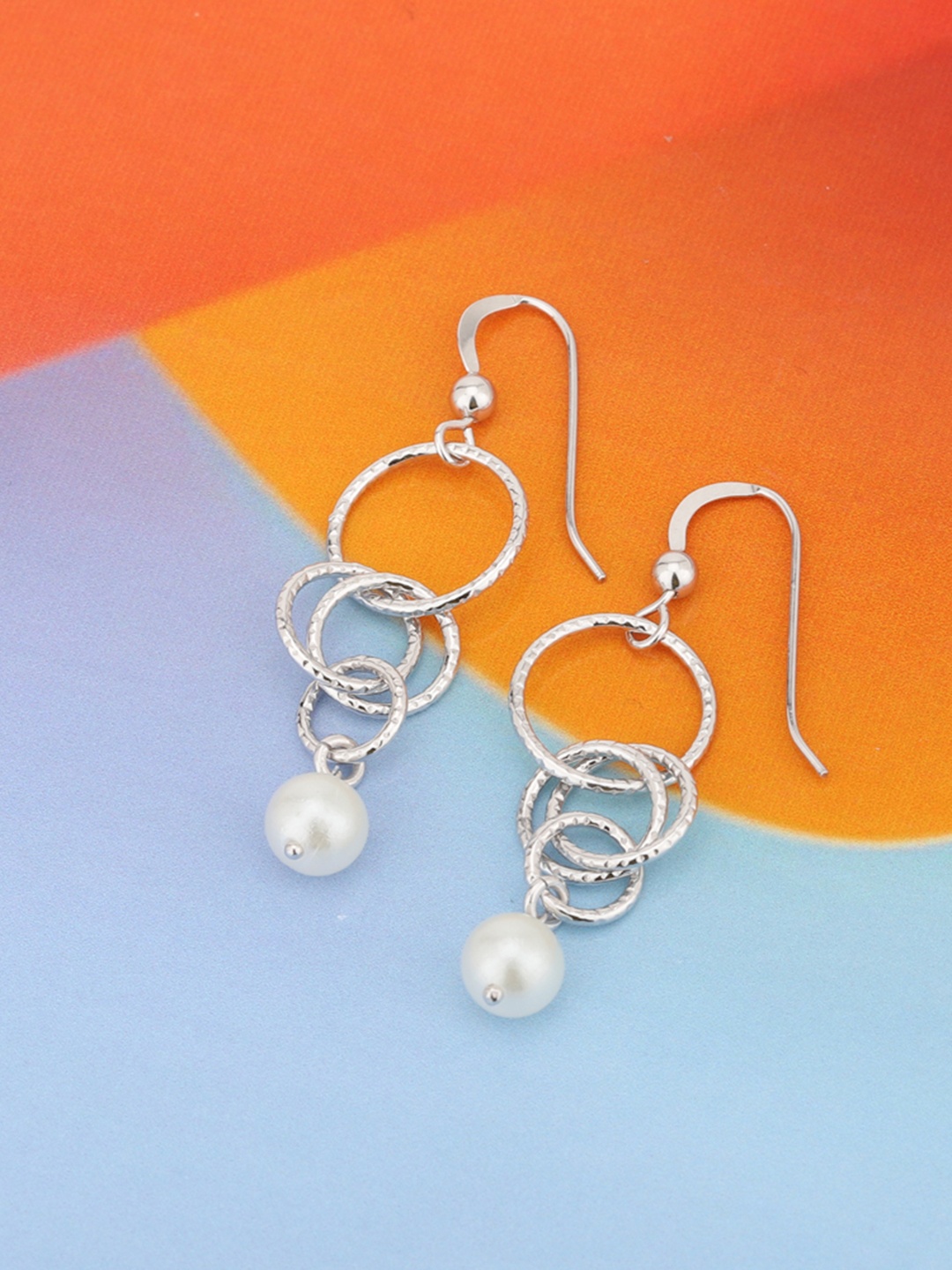 

Carlton London Silver-Toned & White Rhodium-Plated Beaded Circular Drop Earrings