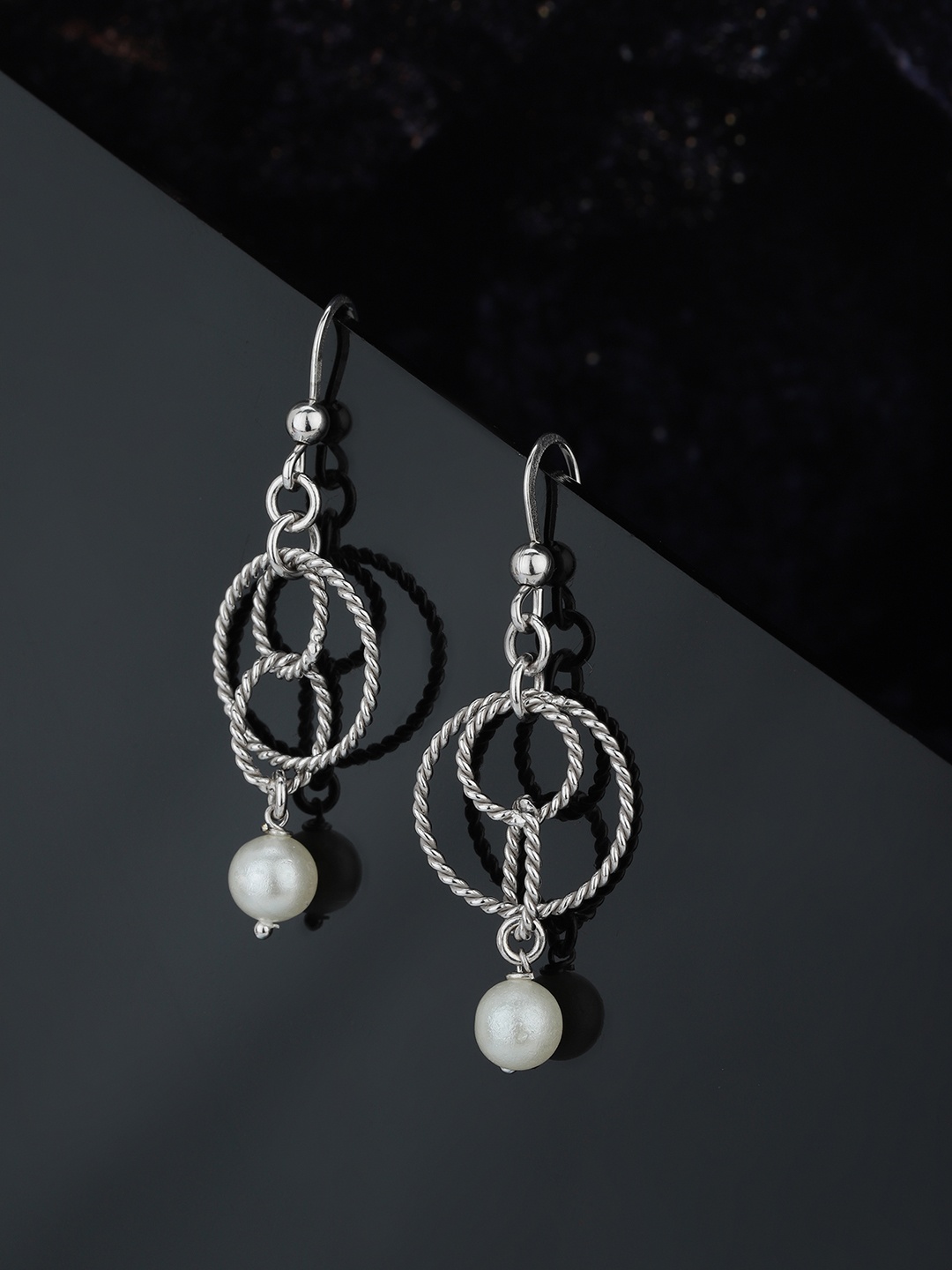 

Carlton London Silver-Toned & Off-White Rhodium-Plated Beaded Circular Drop Earrings