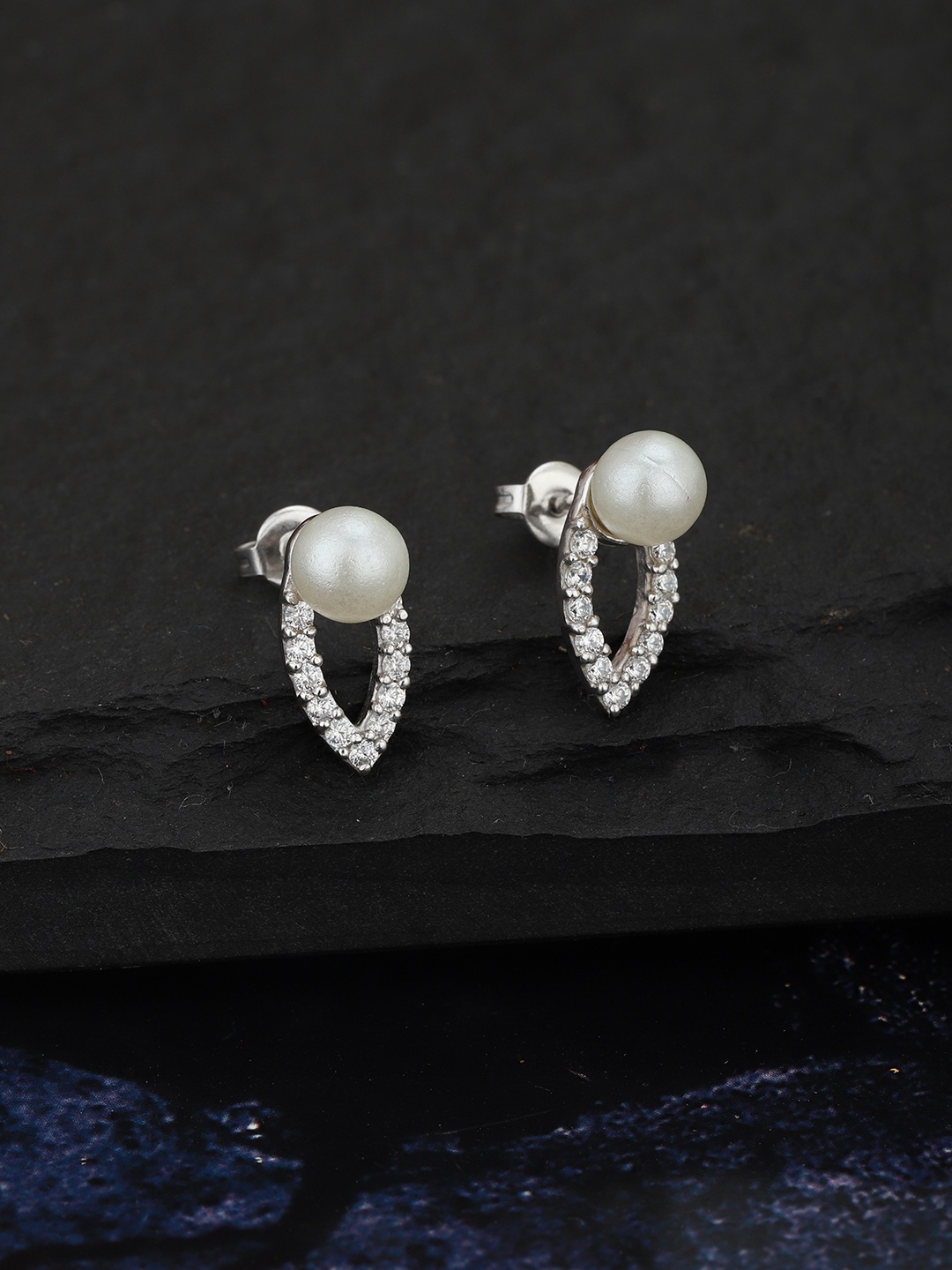 

Carlton London Silver-Toned & Off-White Rhodium-Plated Stone-Studded Beaded Studs