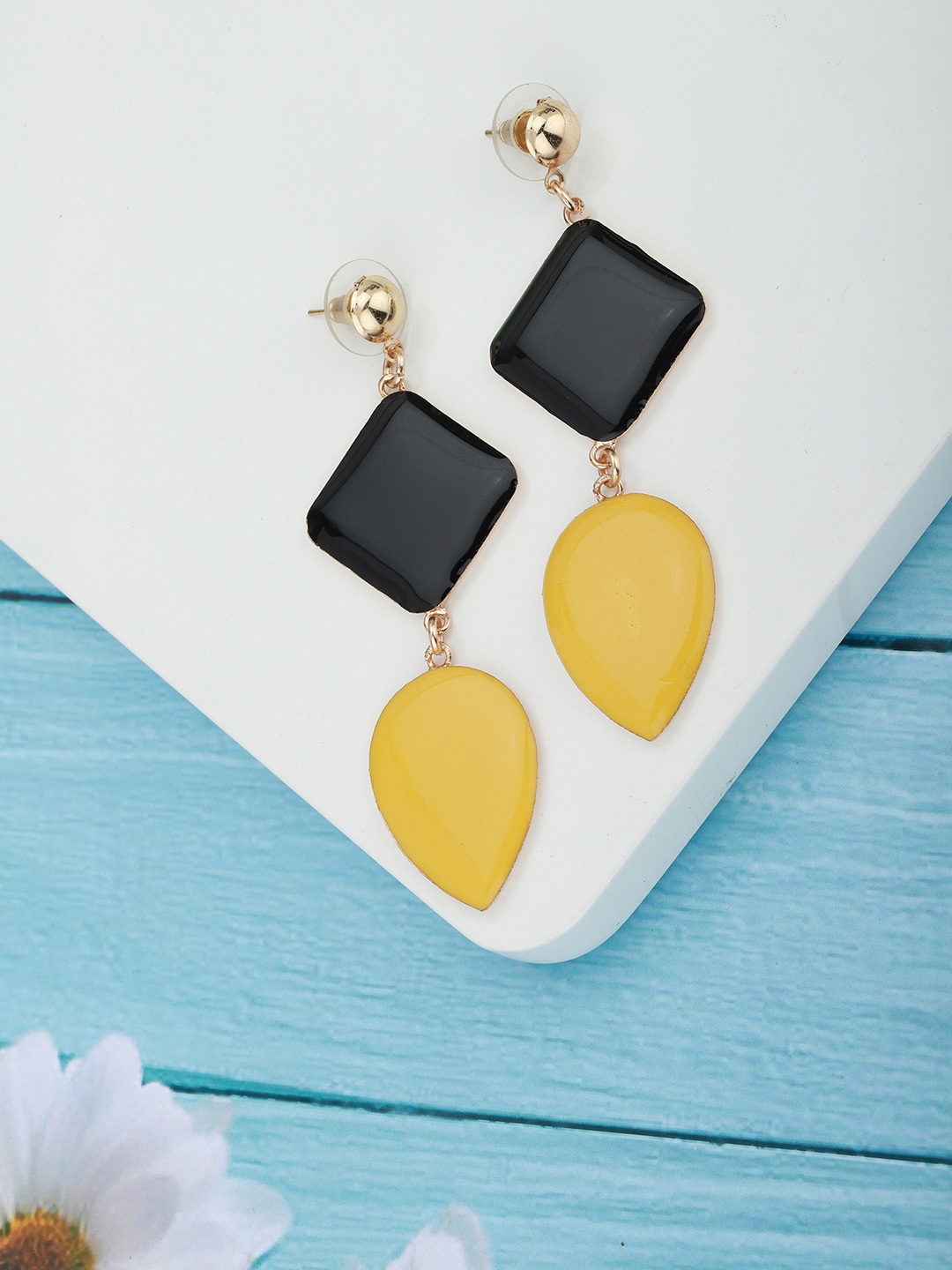 

Carlton London Black & Yellow Gold-Plated Enamelled Geometric Drop Earrings