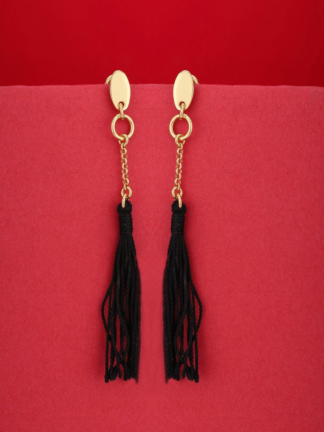 

Carlton London Black Gold-Plated Tasselled Contemporary Drop Earrings