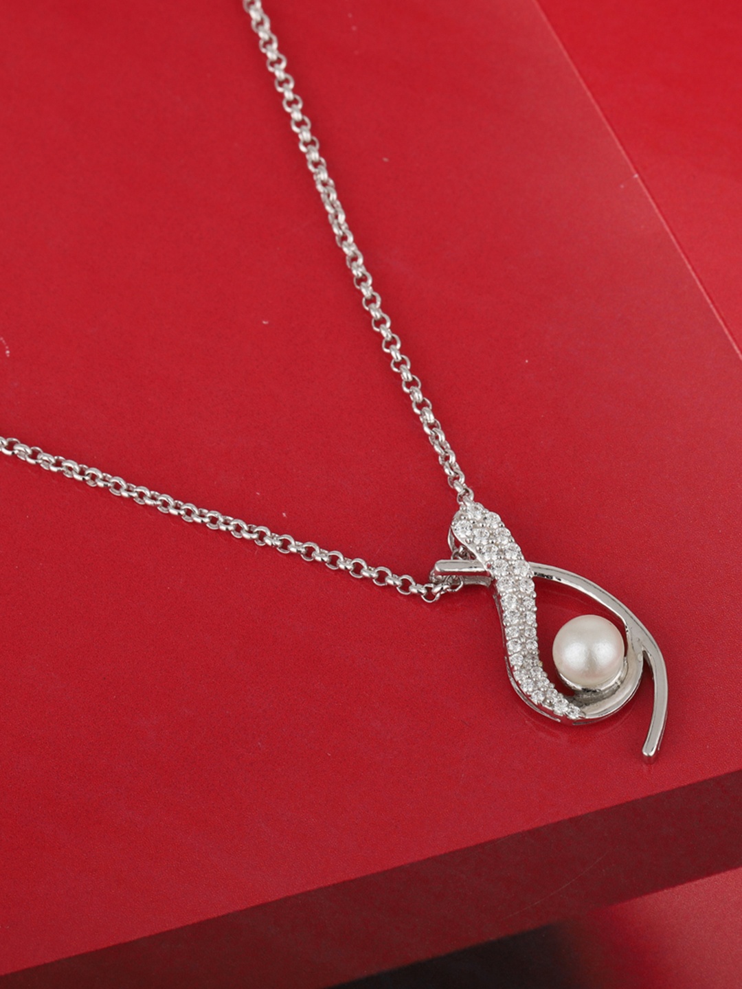 

Carlton London Silver-Toned & White Rhodium-Plated CZ Studded & Beaded Necklace