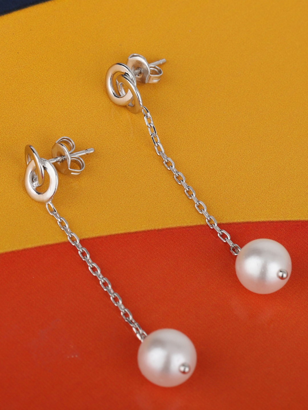 

Carlton London Silver-Toned & White Rhodium-Plated Beaded Contemporary Drop Earrings