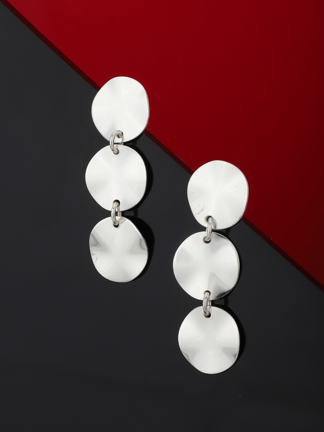 

Carlton London Silver-Toned Rhodium-Plated Textured Circular Drop Earrings