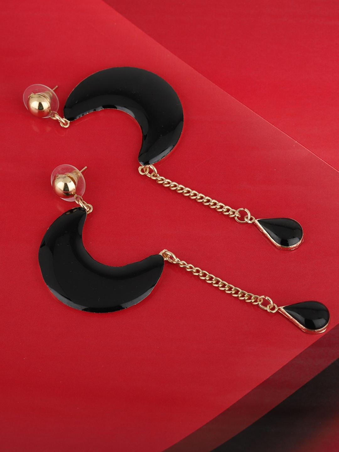 

Carlton London Black Gold-Plated Enamelled Crescent Shaped Drop Earrings