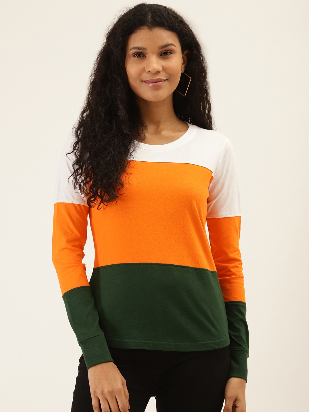 

The Dry State Women Orange & Green Colourblocked Round Neck T-shirt