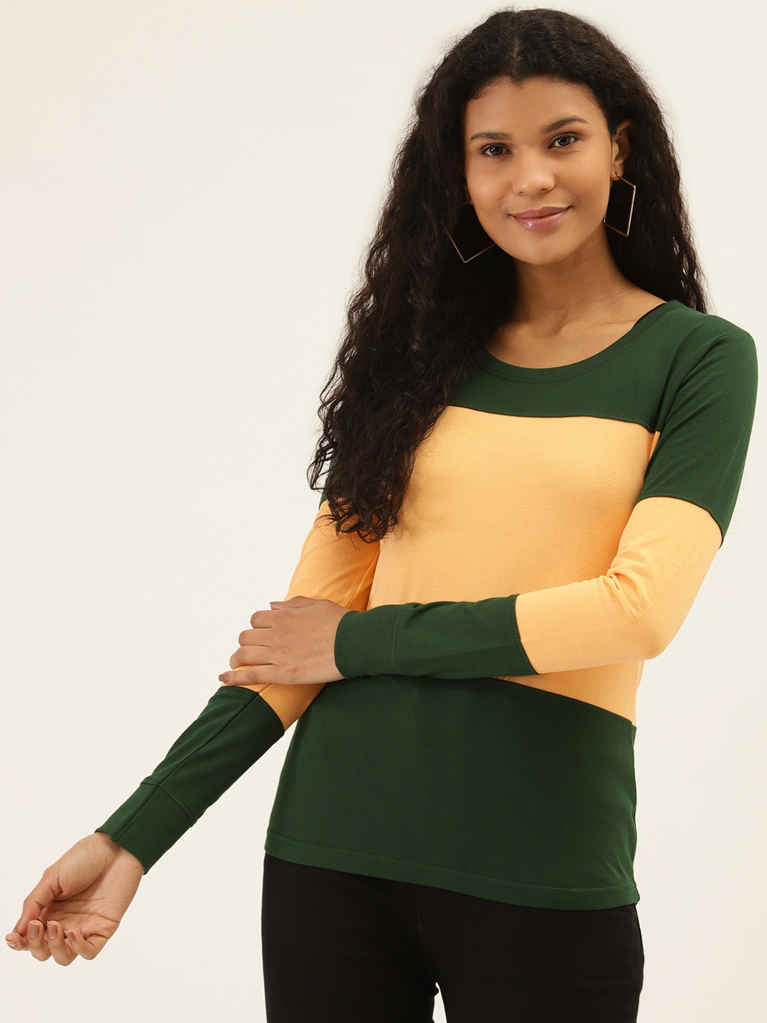 

The Dry State Women Green & Peach-Coloured Colourblocked Round Neck T-shirt