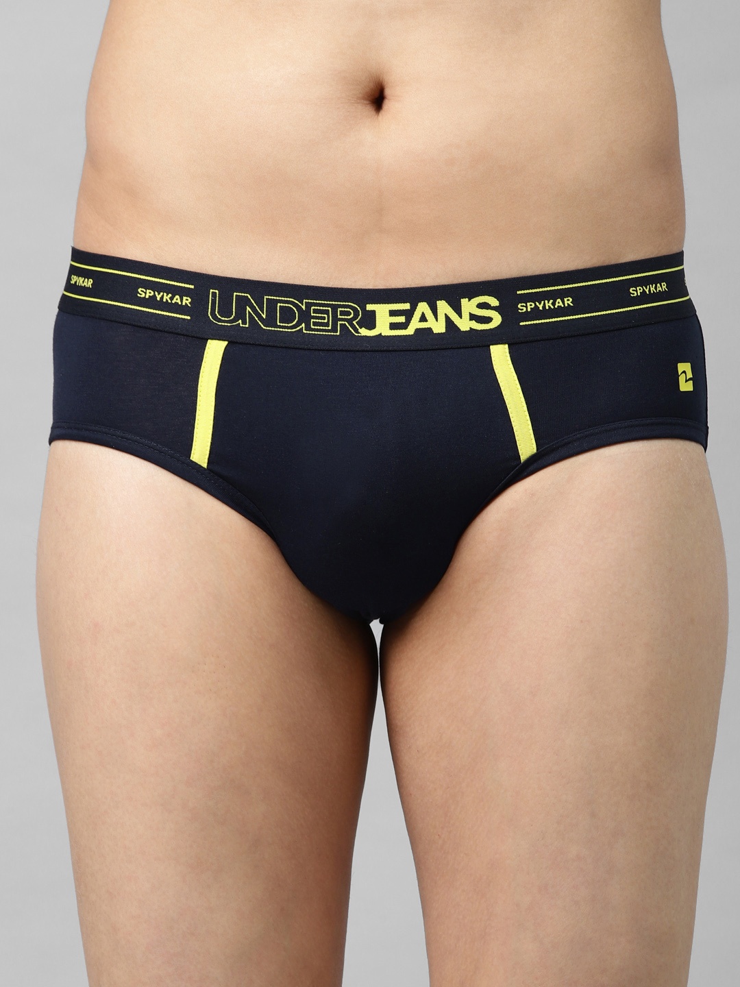 

UnderJeans by Spykar Men Navy Blue & Yellow Solid Briefs 8907966422155