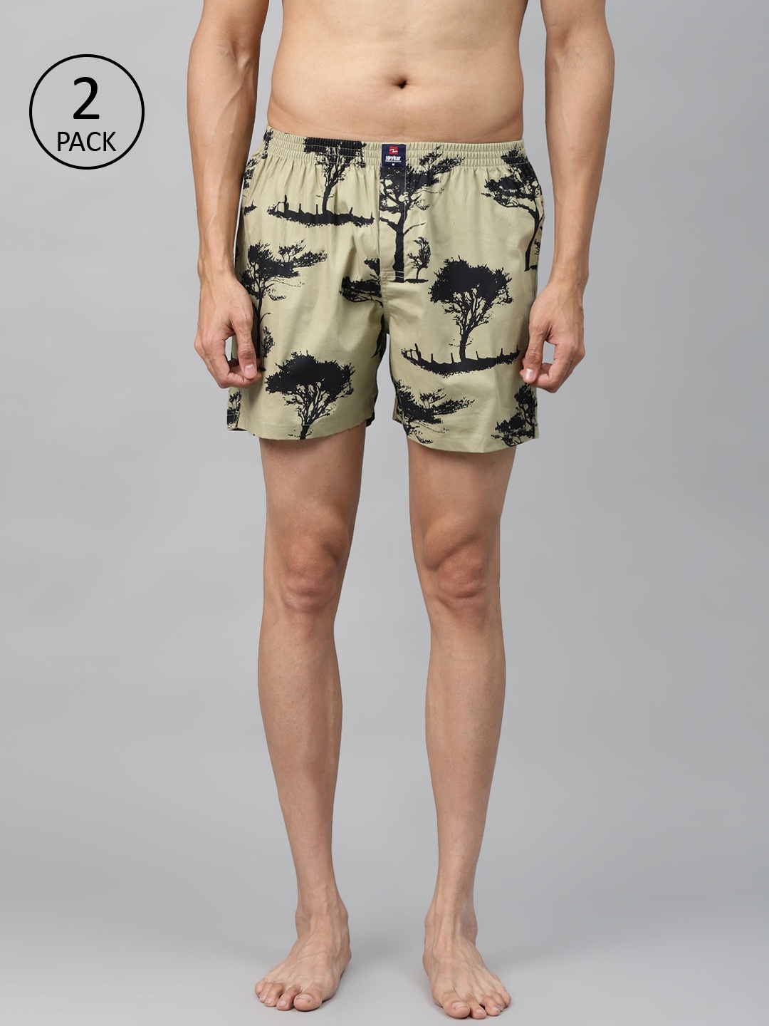 

UnderJeans by Spykar Men Pack of 2 Printed Pure Cotton Boxers 8907966415850, Olive