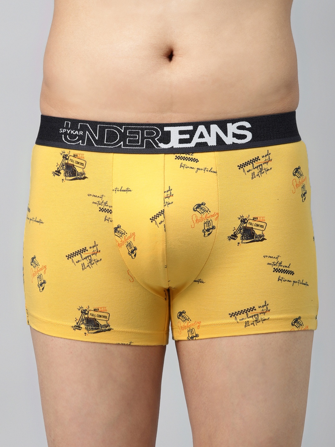 

UnderJeans by Spykar Men Yellow & Navy Blue Printed Trunks 8907966426054