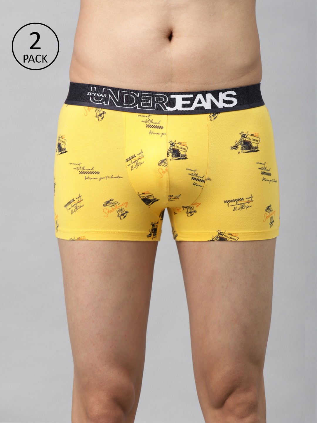 

UnderJeans by Spykar Men Pack of 2 Yellow & Navy Blue Printed Trunks 8907966433601, Mustard