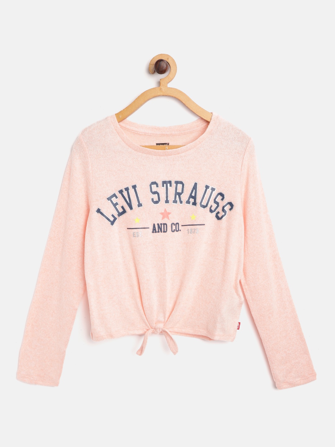 

Levis Girls Peach-Coloured & Navy Blue Printed Round Neck T-shirt with Waist Tie-Up