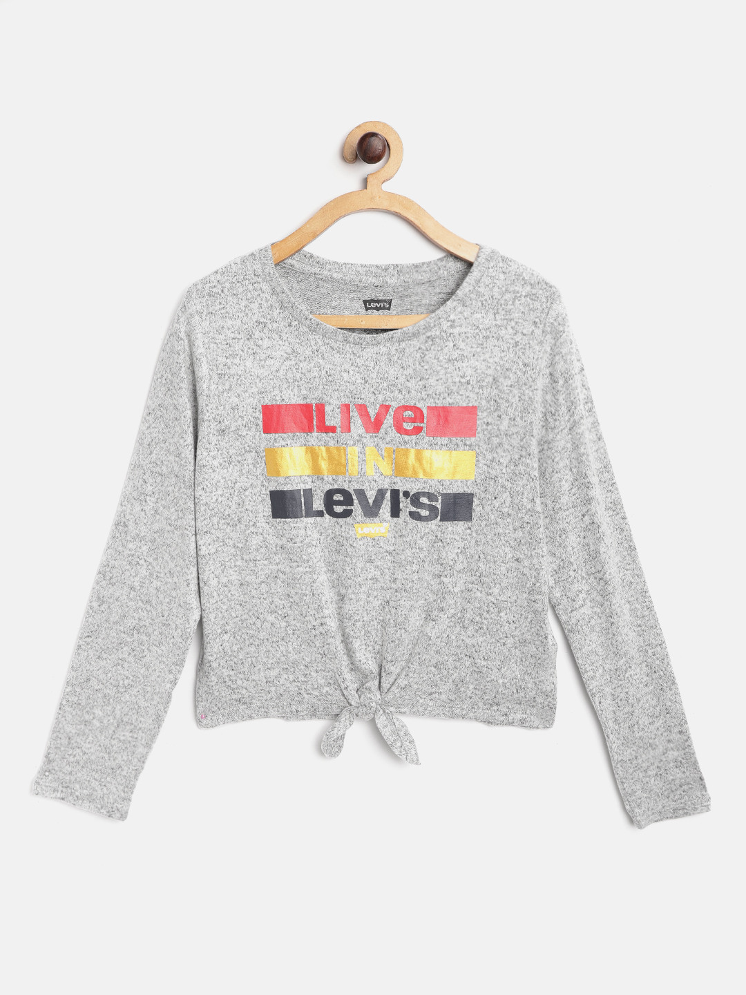 

Levis Girls Grey Melange & Red Brand Logo Print Round Neck T-shirt with Waist Tie-Up