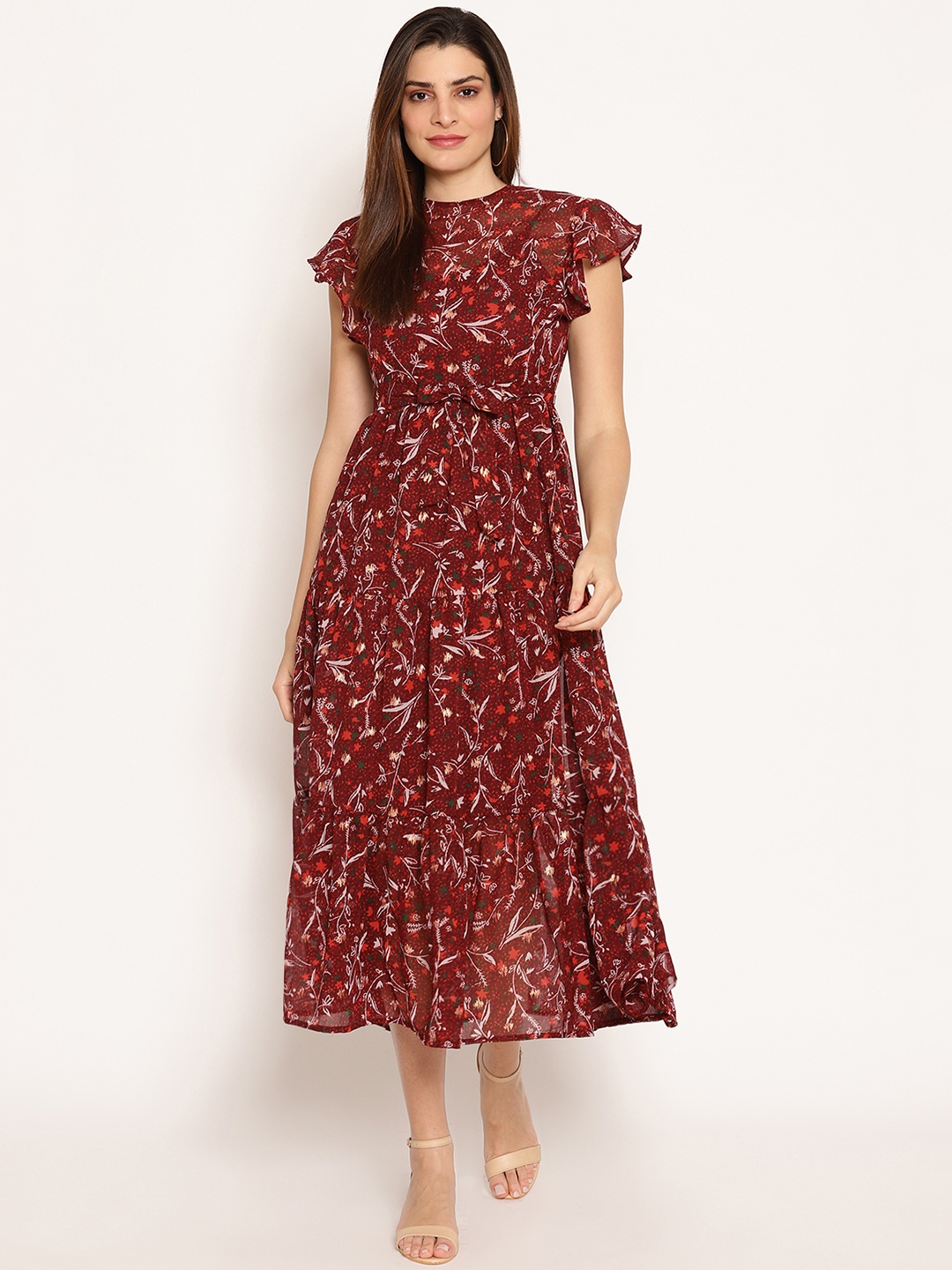 

HOUSE OF KKARMA Women Maroon Floral Printed Fit and Flare Dress