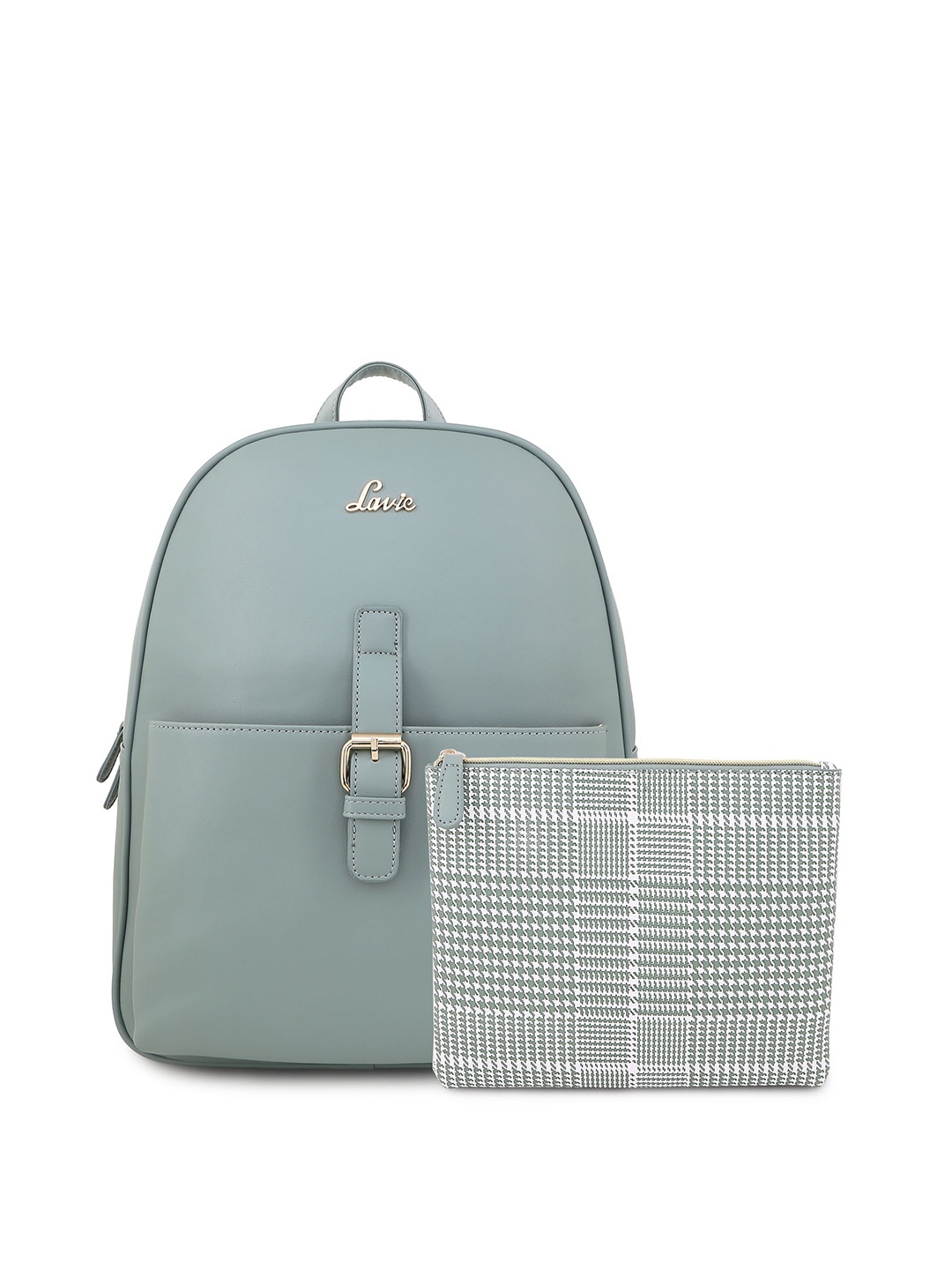 

Lavie Women Green & White Solid Backpack with Houndstooth Print Pouch