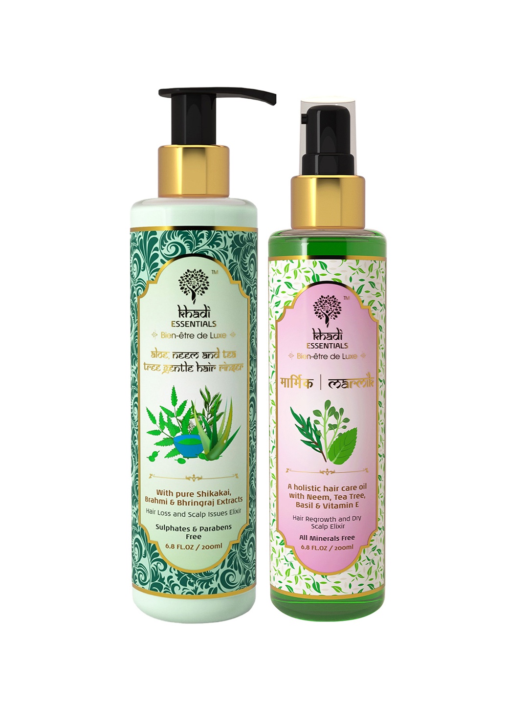 

KHADI ESSENTIALS Set of Marmik Hair Oil & Aloe-Neem Tea Tree Shampoo 400 ml, Peach