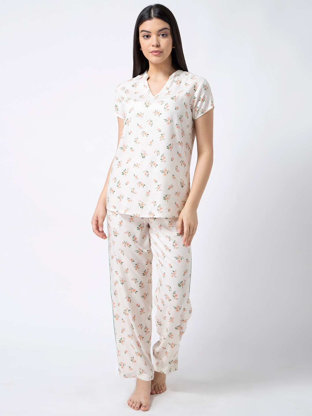 

ADORENITE Women Off White Printed Night suit
