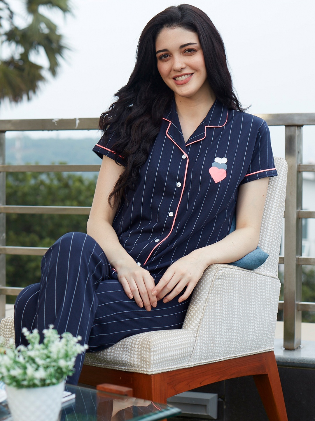 

Zeyo Women Navy Blue & White Striped Night suit