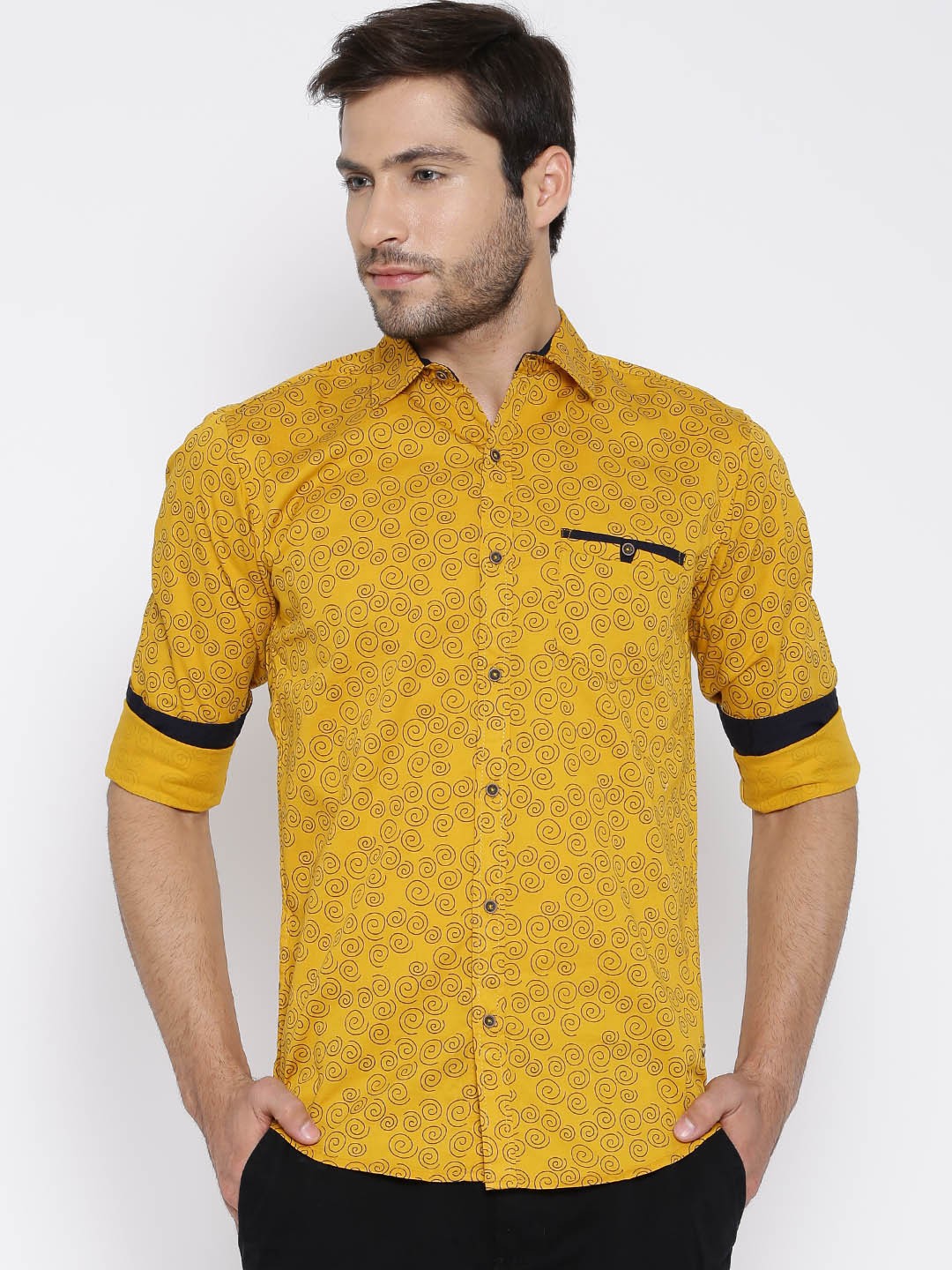 

Status Quo Mustard Yellow Printed Slim Casual Shirt