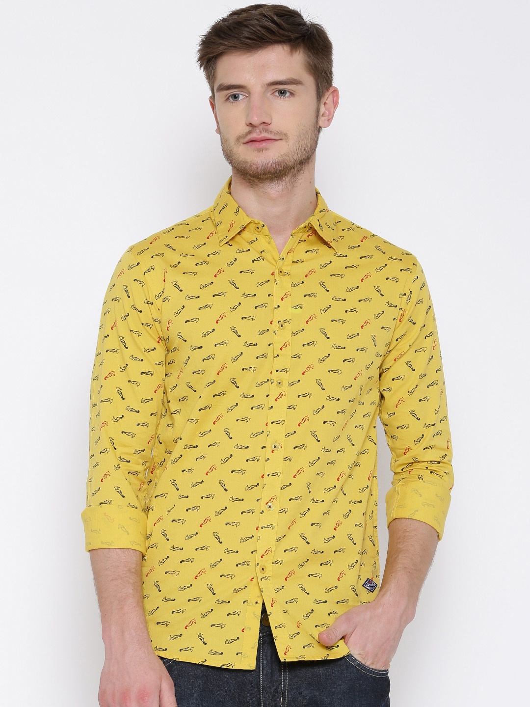 

Status Quo Yellow Printed Slim Casual Shirt