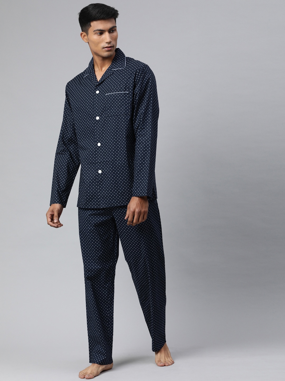 

THE BEAR HOUSE Men Navy Blue & White Printed Night suit
