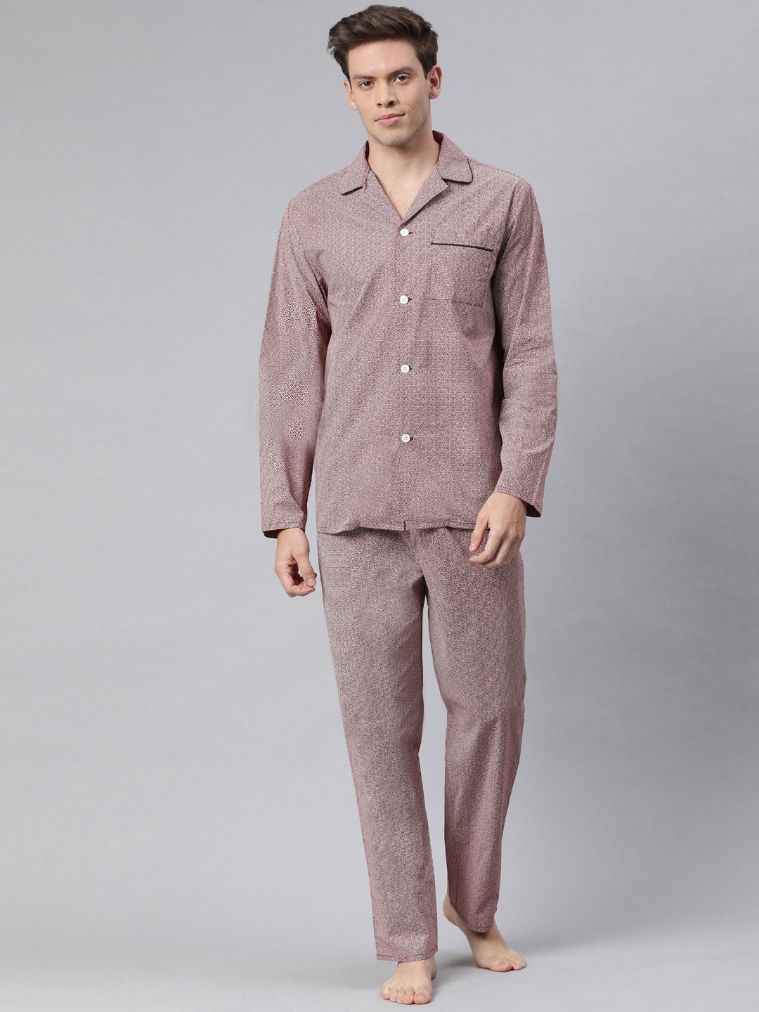 

THE BEAR HOUSE Men Maroon & White Printed Night suit
