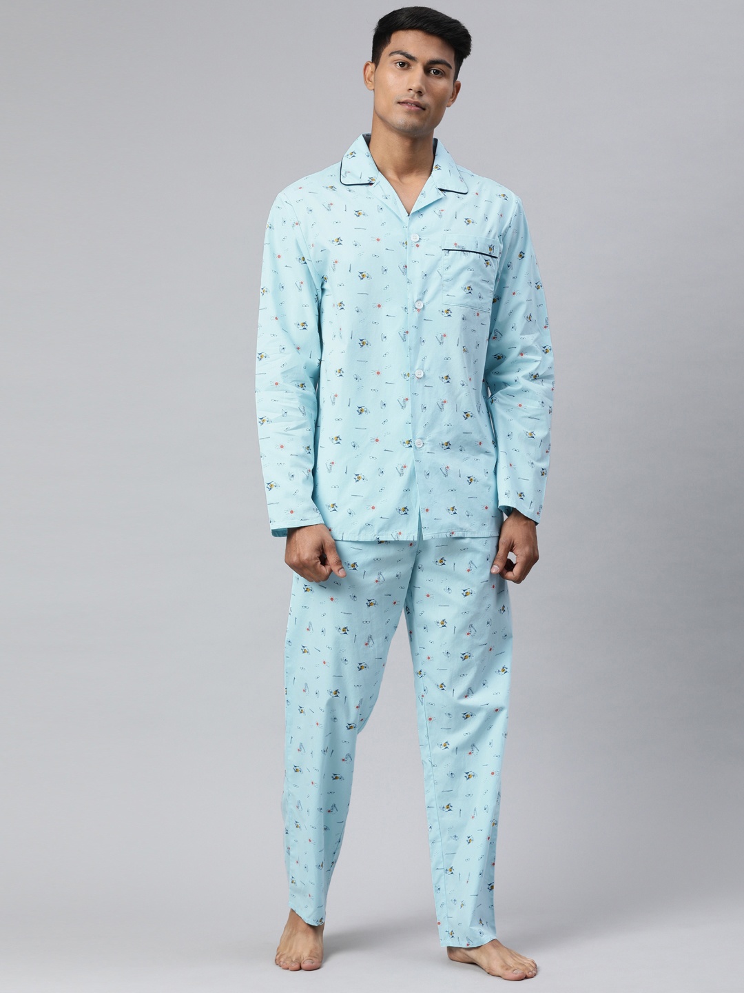 

THE BEAR HOUSE Men Blue Printed Night suit
