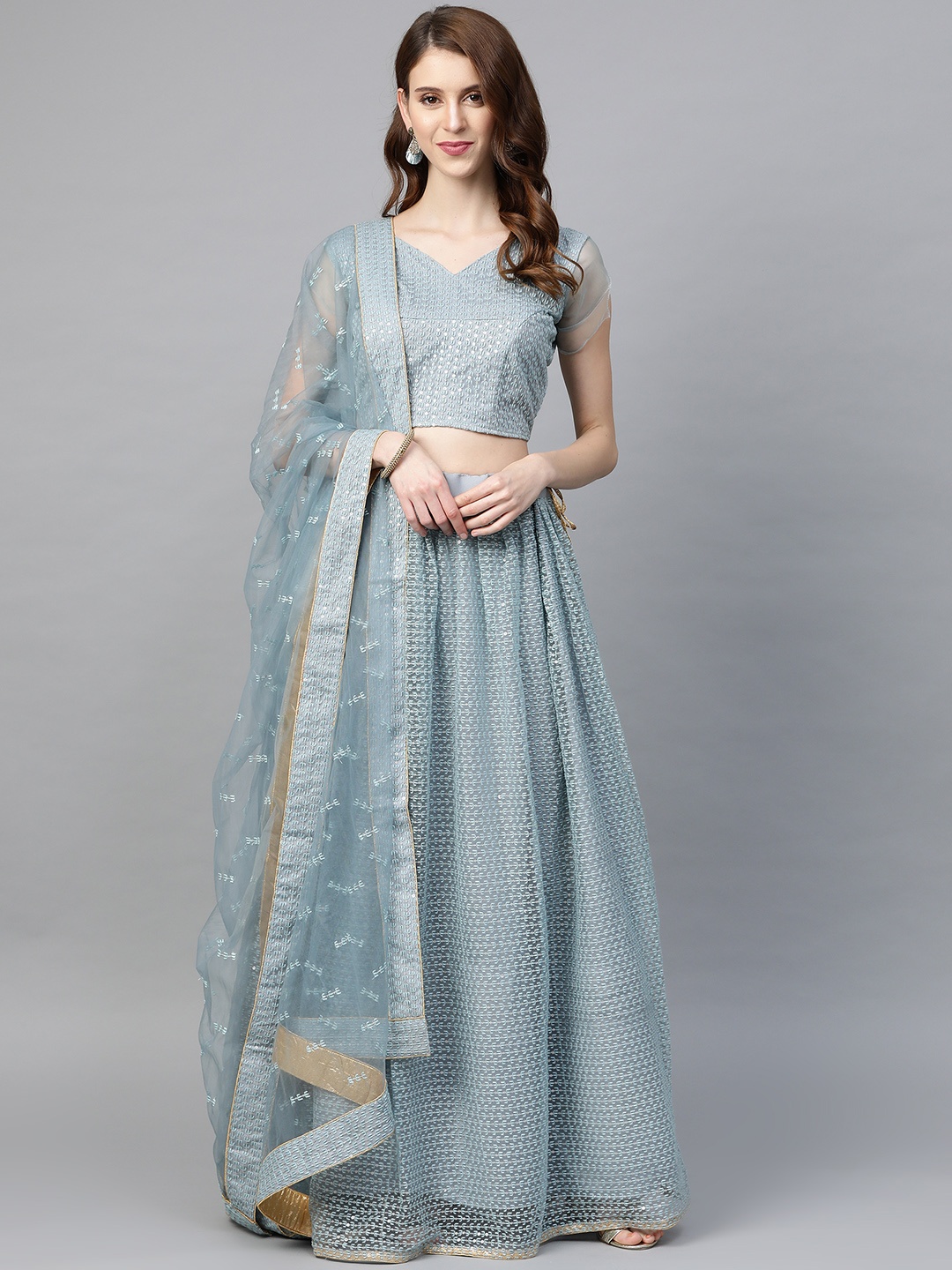 

SHOPGARB Grey Semi-Stitched Lehenga & Unstitched Blouse with Dupatta