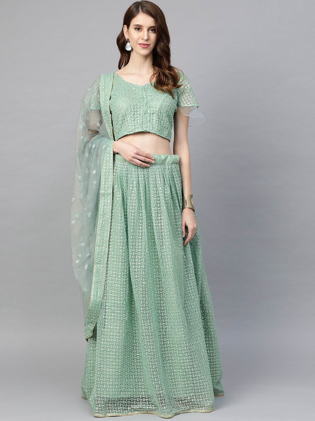 

SHOPGARB Green & Golden Embellished Semi-Stitched Lehenga & Unstitched Blouse with Dupatta