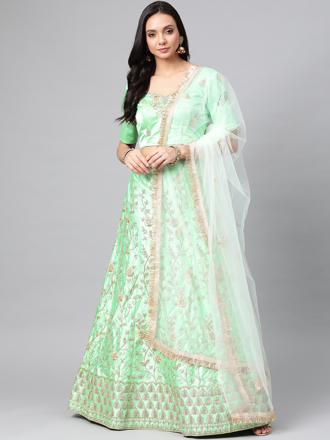 

SHOPGARB Green & Golden Embroidered Semi-Stitched Lehenga & Unstitched Blouse with Dupatta
