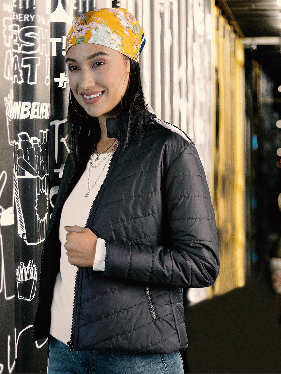 

Tokyo Talkies Women Black Printed Padded Jacket