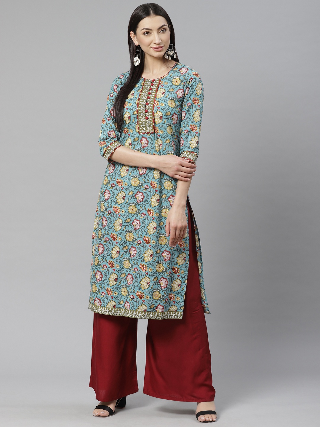 

Rain & Rainbow Women Blue & Yellow Printed Straight Kurta