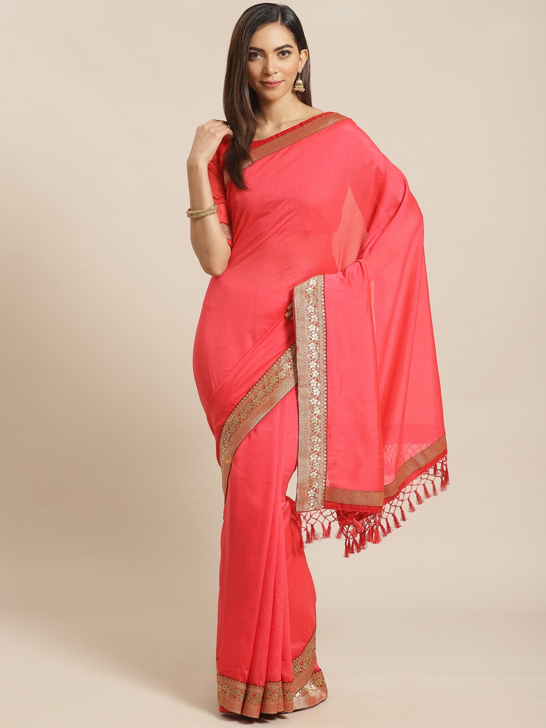 

Saree mall Coral Pink Solid Saree