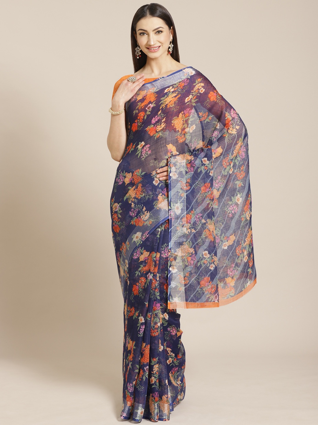 

Saree mall Blue & Orange Floral Print Saree with Matching Blouse