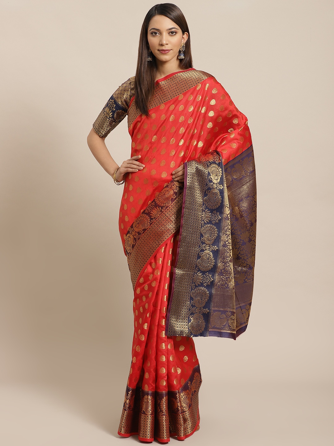 

Saree mall Red & Golden Ethnic Woven Design Banarasi Saree