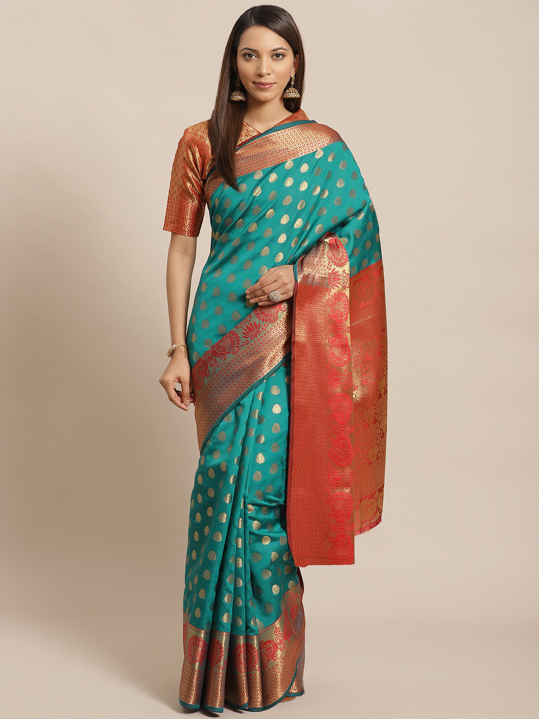 

Saree mall Teal Green & Golden Woven Design Banarasi Saree