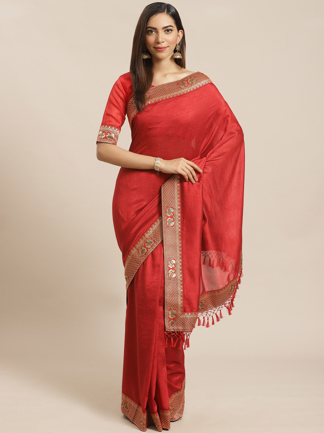 

Saree mall Red & Golden Silk Blend Solid Saree