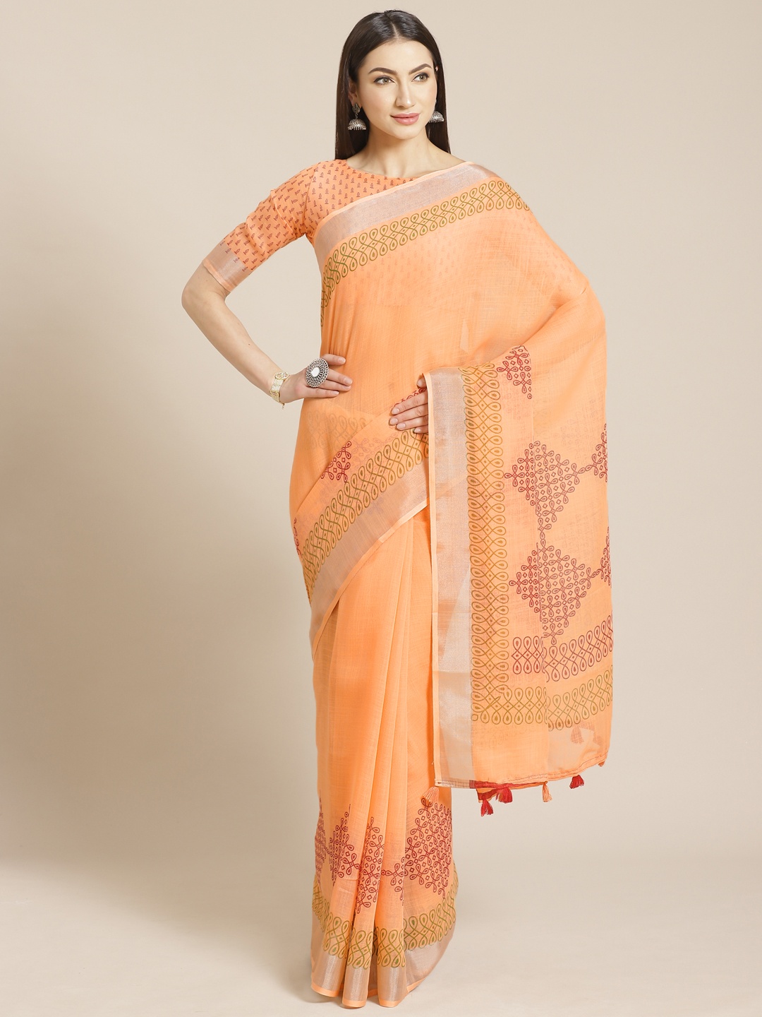 

Saree mall Peach-Coloured & Red Printed Saree