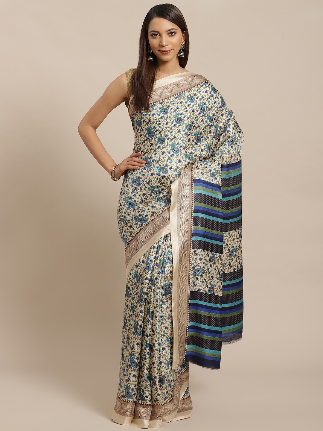 

Saree mall Beige & Blue Silk Blend Printed Saree