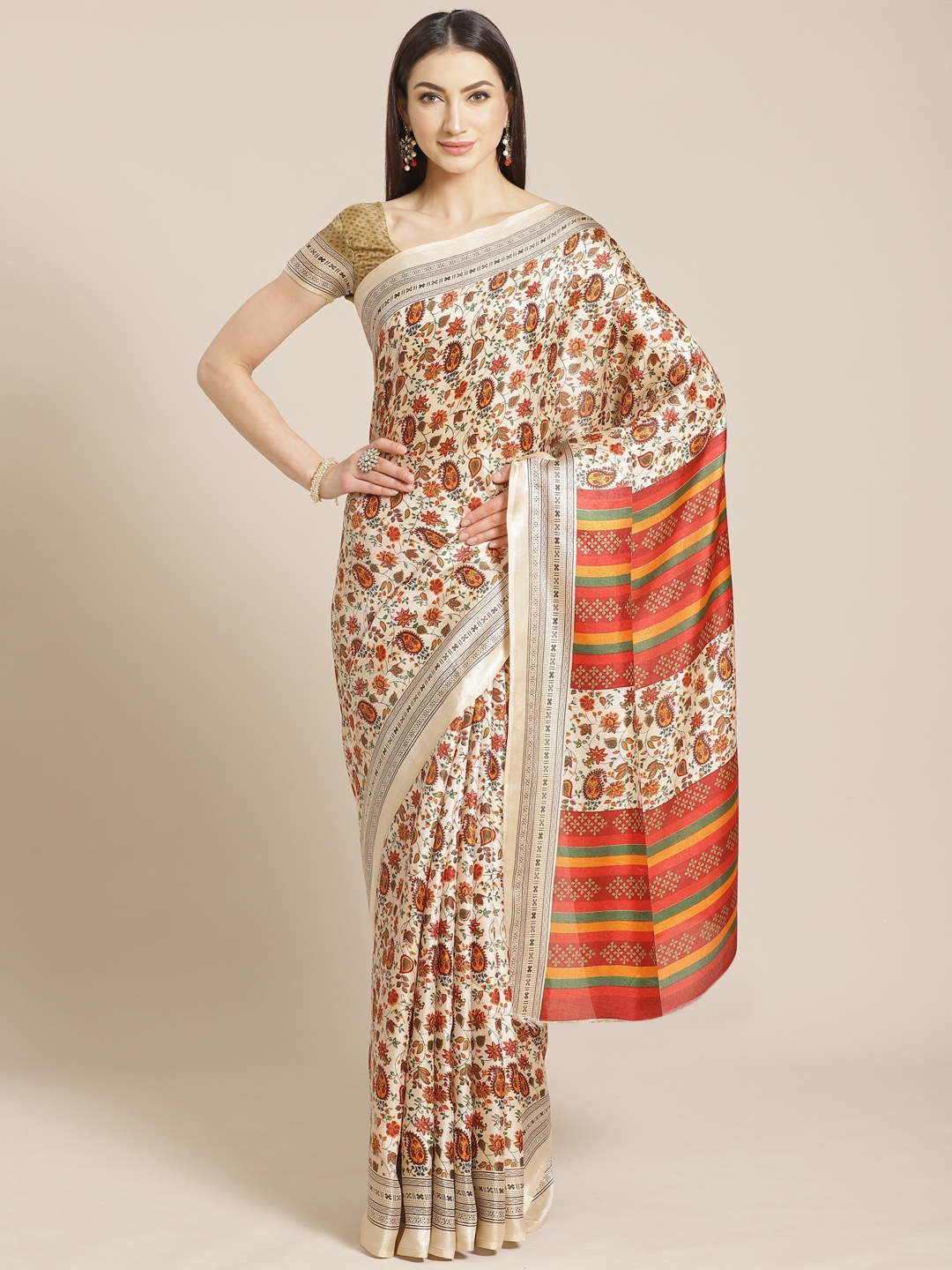 

Saree mall Beige & Red Floral Print Saree