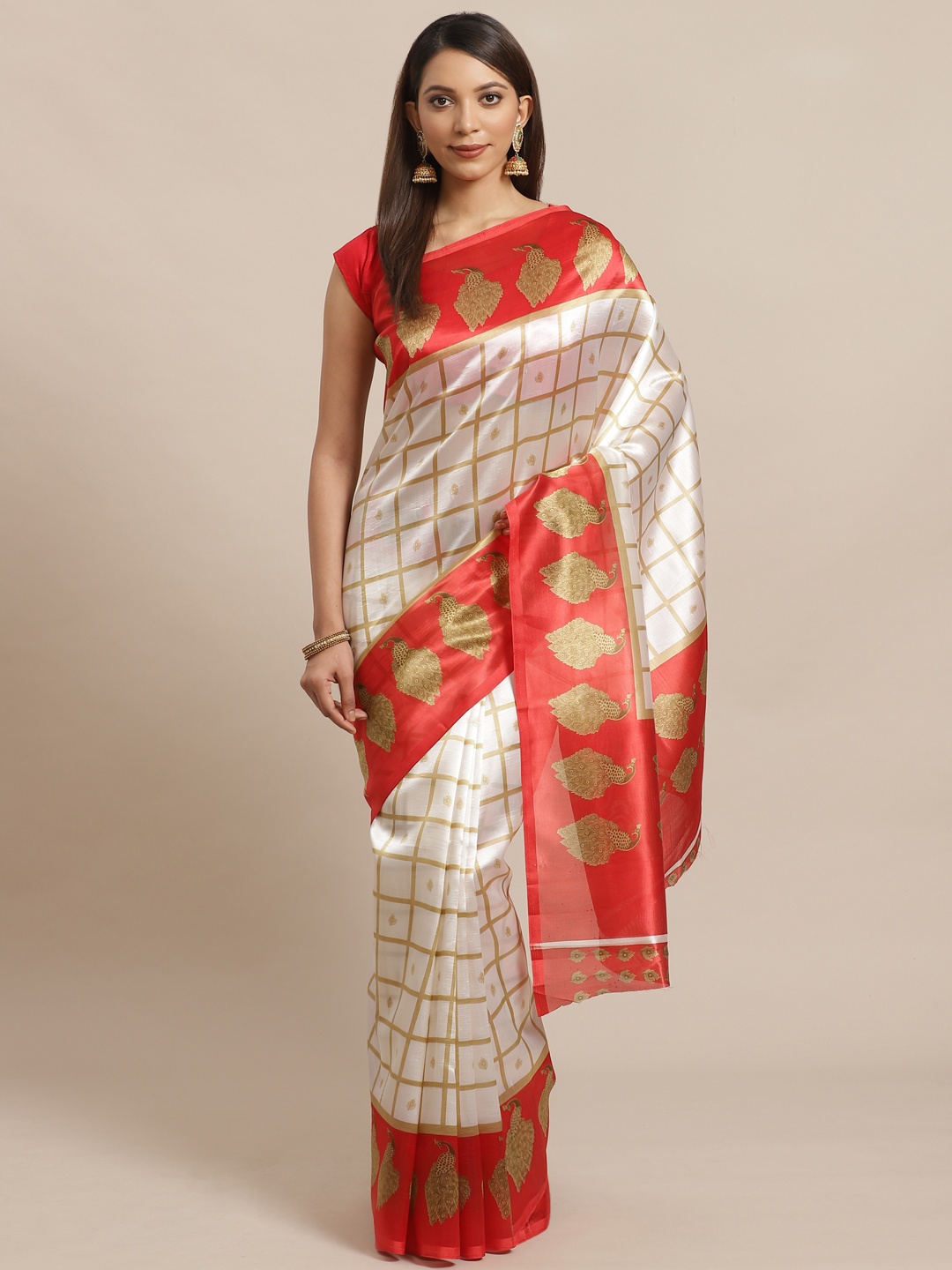 

KALINI White & Red Checked Saree