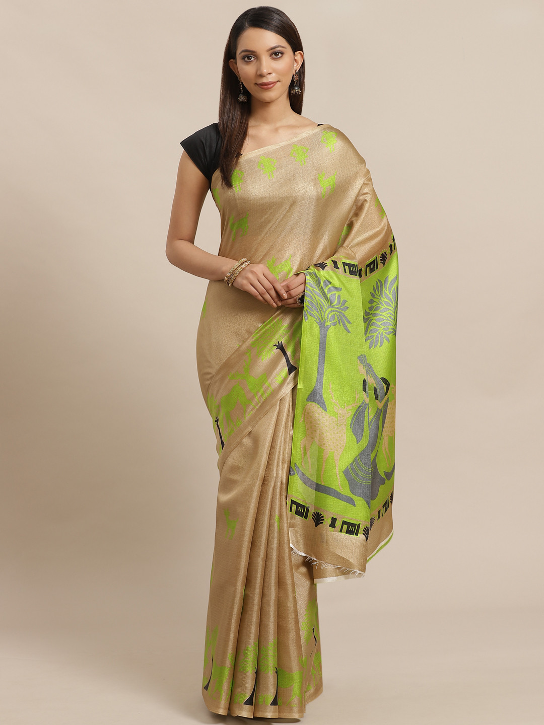 

KALINI Beige & Green Ethnic Printed Saree