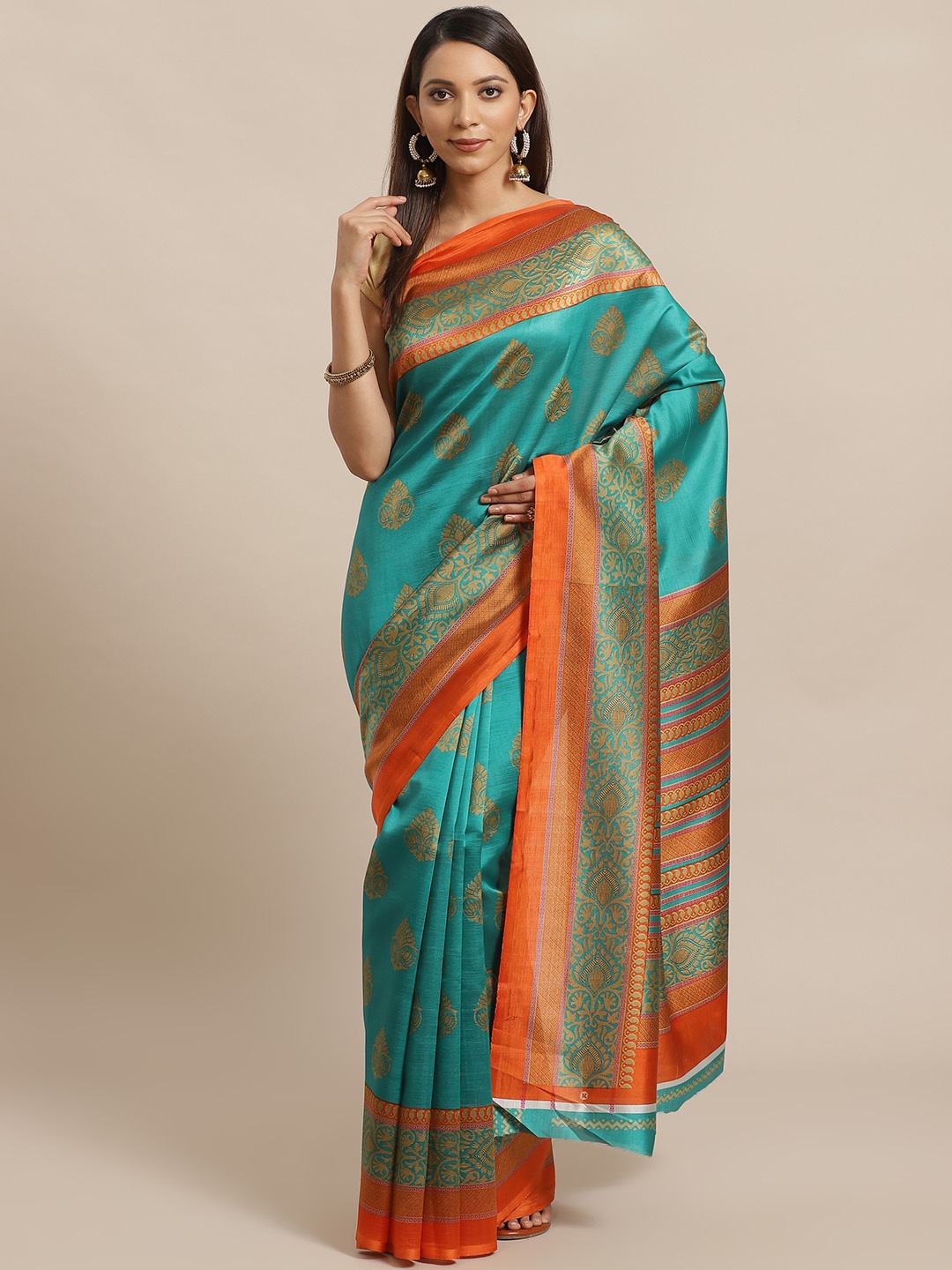 

KALINI Teal Green & Beige Ethnic Printed Mysore Silk Saree