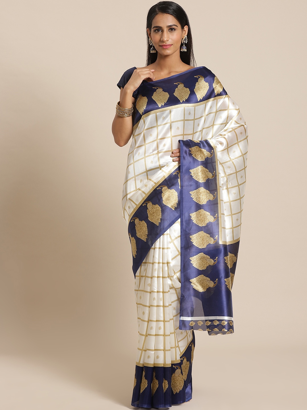 KALINI Purple & Off-White Checked Mysore Silk Saree