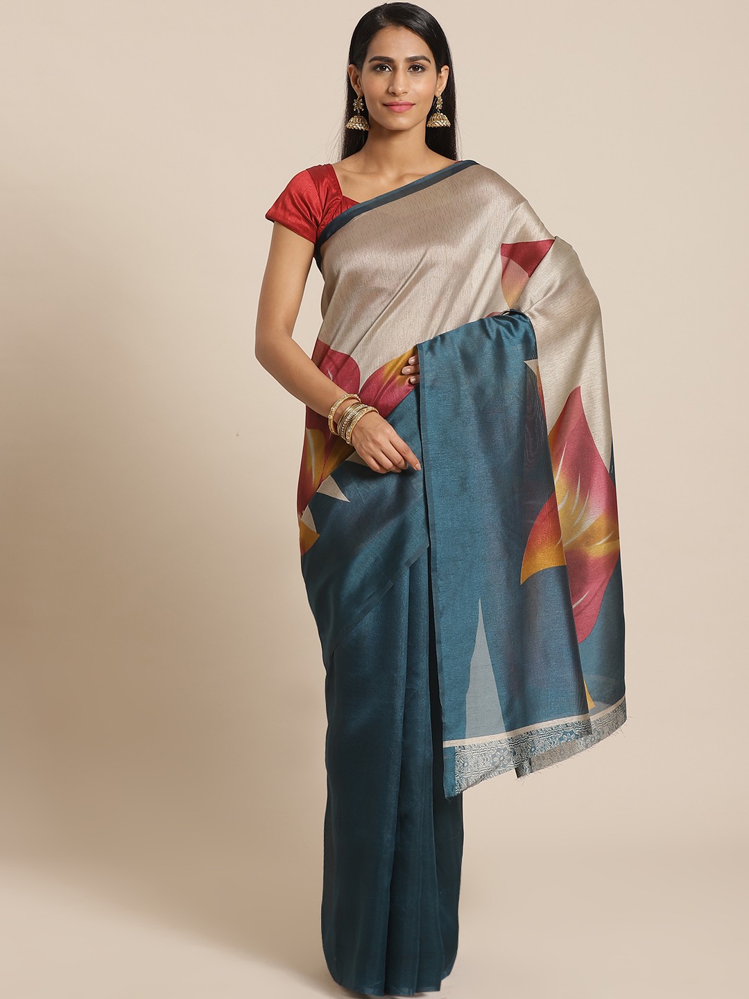 

KALINI Teal Blue & Red Floral Printed Saree