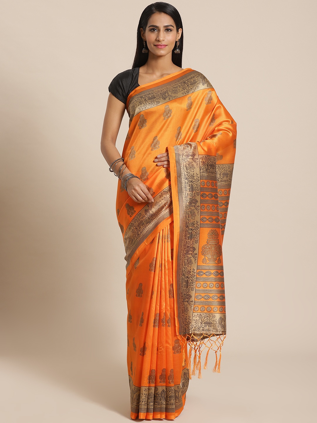 KALINI Orange & Beige Printed Mysore Silk Saree