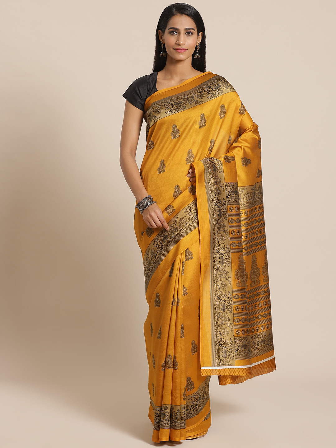 

KALINI Mustard Yellow & Olive Green Printed Mysore Silk Saree