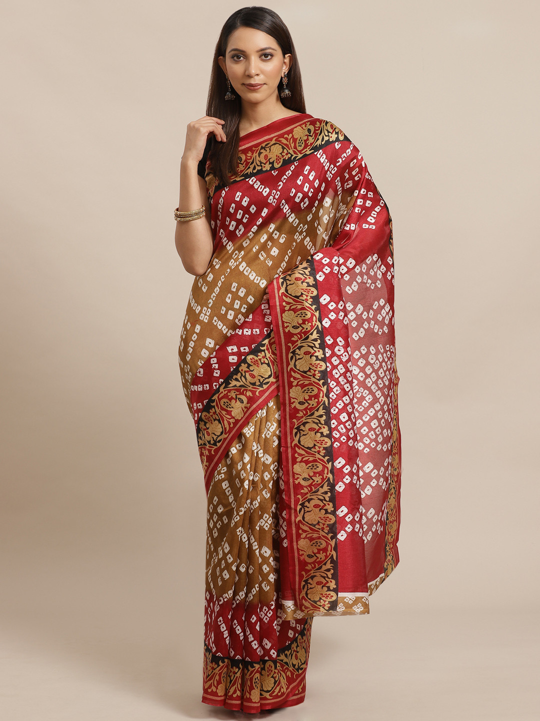 

KALINI Olive Brown & Off-White Bandhani Print Saree