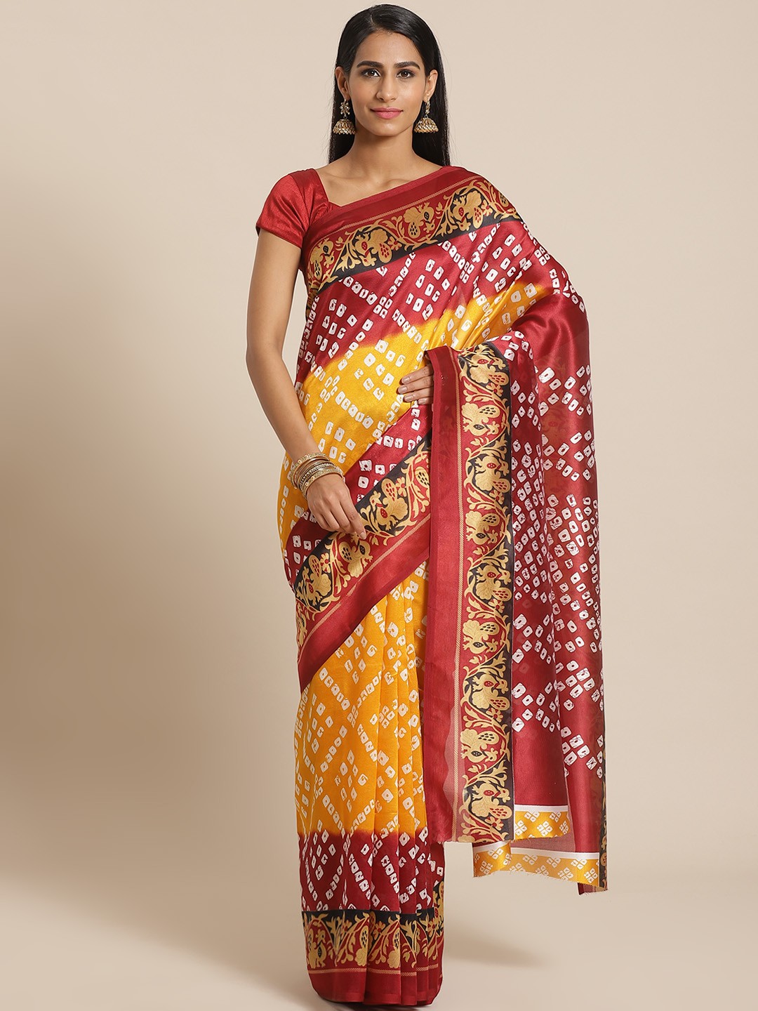 

KALINI Yellow & Red Bandhani Print Saree